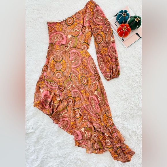 BCBGeneration NWT Pink Paisley One-shoulder Midi Dress - Picture 9 of 13